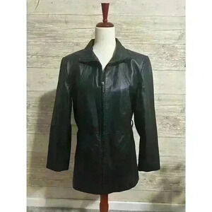 Worthington Genuine Leather Jacket 80s Vintage Style Black Trench Jacket Sz Med